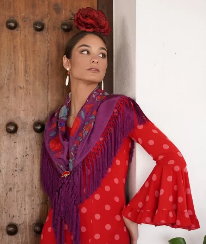 Mantones De Flamenca^Doña Sol Mantón Lola Berenjena Flor Roja